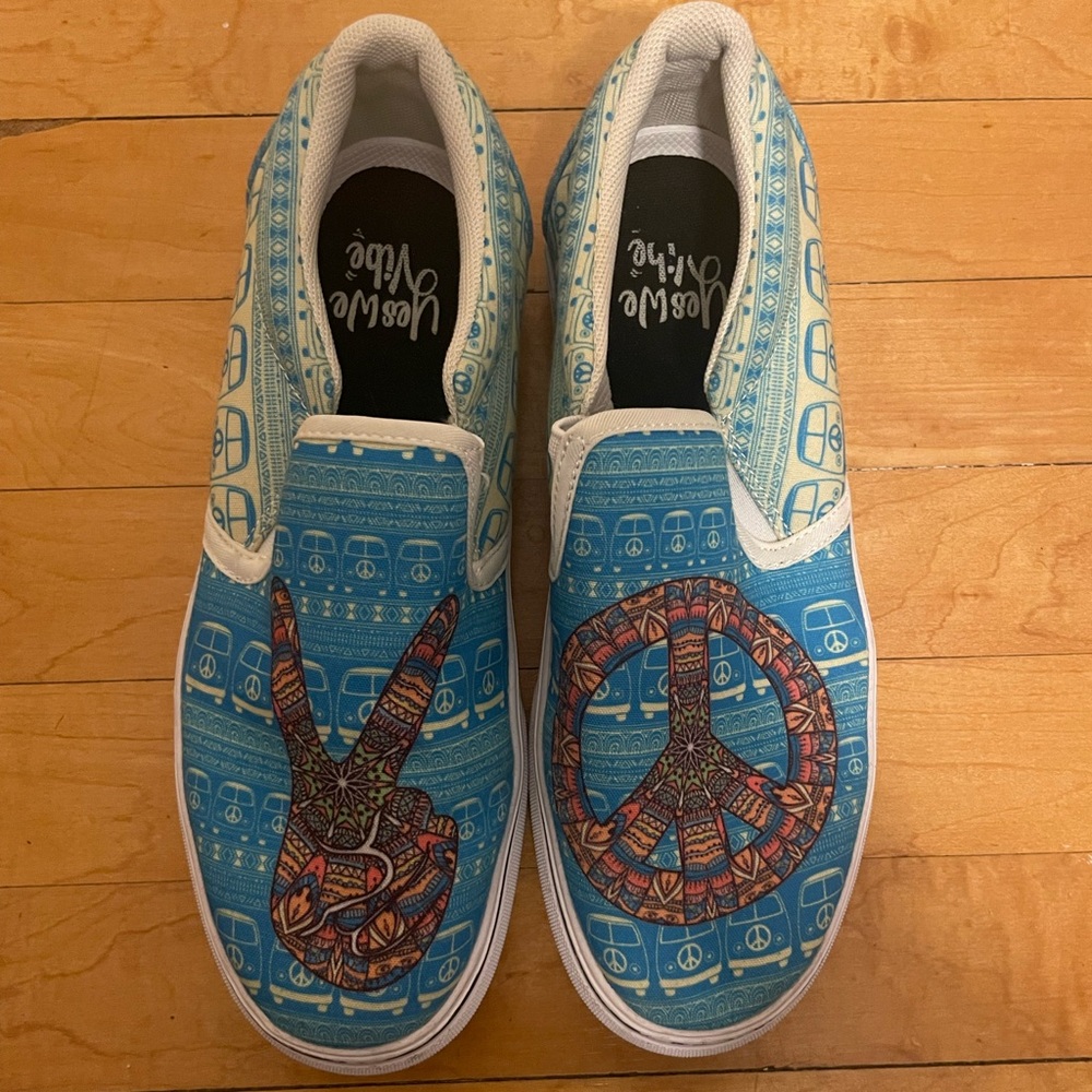 Yes We Vibe Turquoise Peace Sign & V Peace Slip-On Sneakers